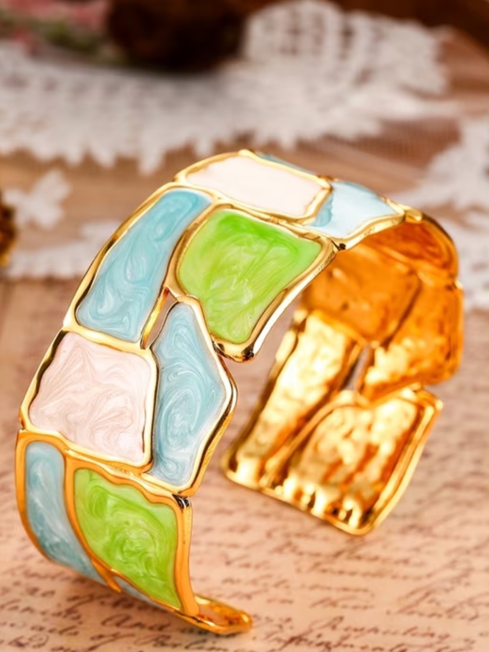 Gold-Tone Stainless Steel Cuff Bracelet with Pastel Blue, Green and Pink Enamel